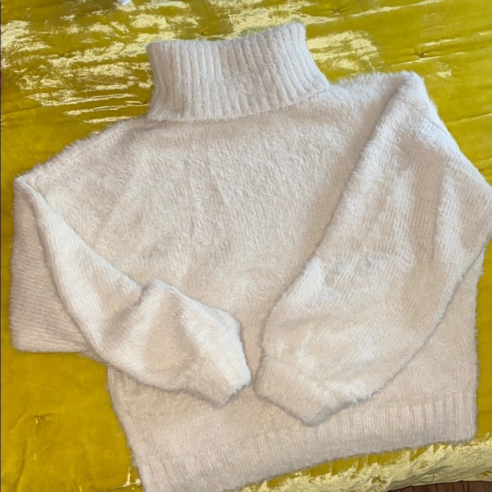 Fuzzy oversized turtleneck sweater.